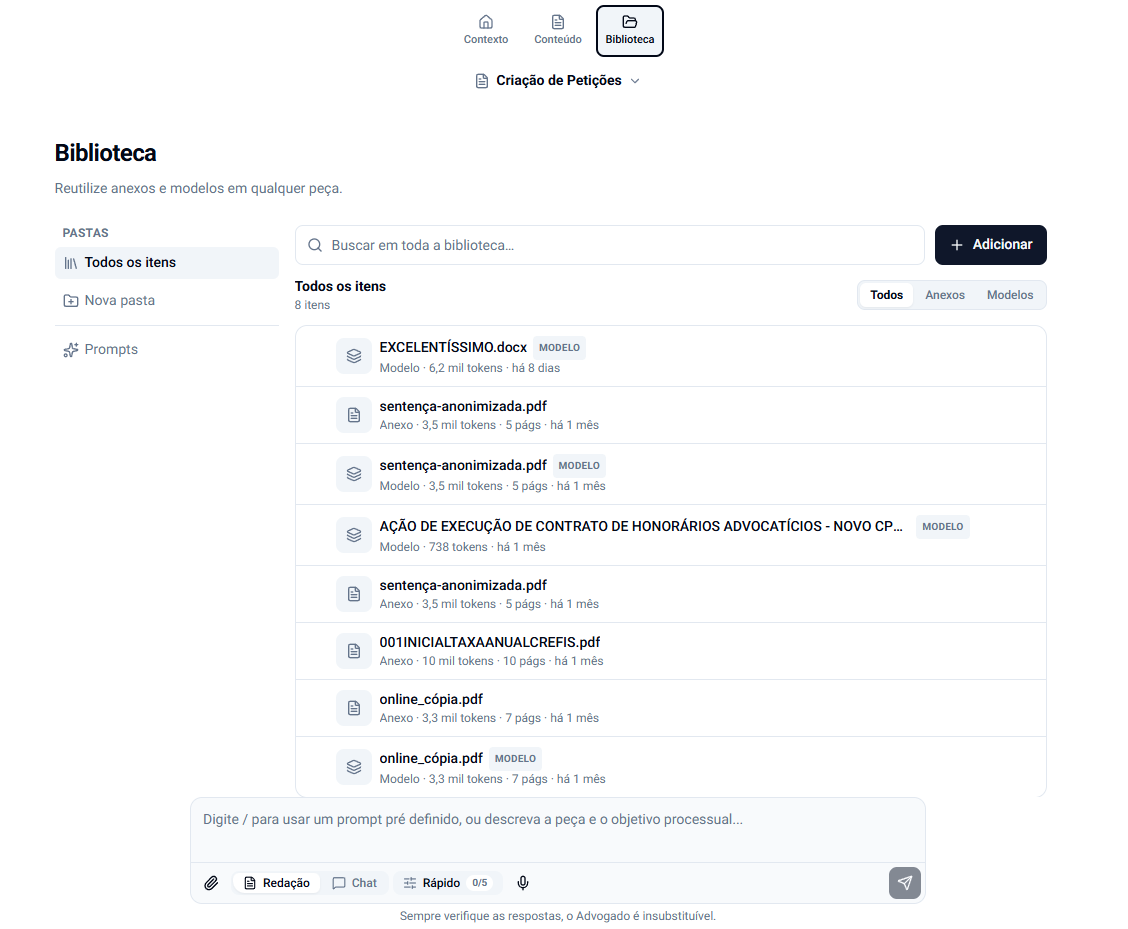 Biblioteca com pastas à esquerda e a lista de itens, cada um com tokens e páginas