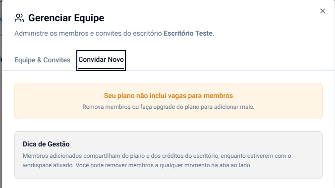 Aba Convidar Novo, com o aviso de que o plano não inclui vagas