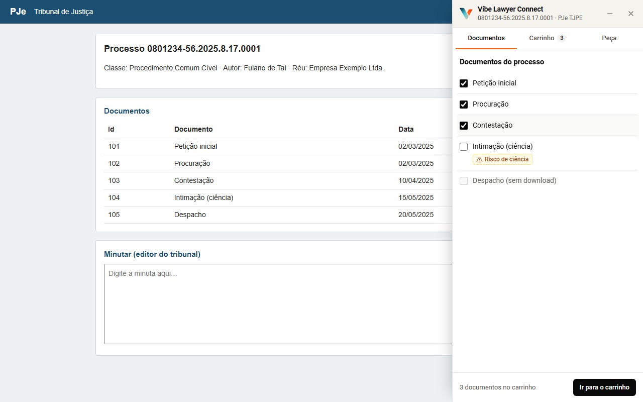 Painel do Vibe Lawyer Connect ao lado de um processo, com os documentos marcados