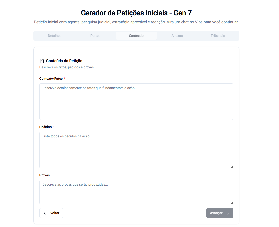 Formulário do gerador de petições iniciais, na aba Conteúdo