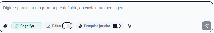 Campo de mensagem do Chat Geral, com o seletor Cognifyx e os interruptores Editor e Pesquisa jurídica
