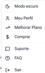 Menu da conta, com Meu Perfil, Melhorar Plano, Comprar, Suporte, FAQ e Sair