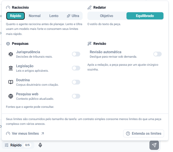 Painel do agente: Raciocínio, Redator, Pesquisas e Revisão automática