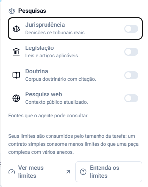 Painel no modo Chat: só a seção Pesquisas, com o rodapé sobre consumo
