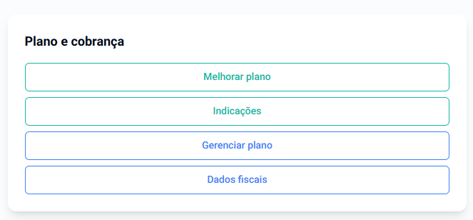 Cartão Plano e cobrança, com Melhorar plano, Gerenciar plano e Dados fiscais