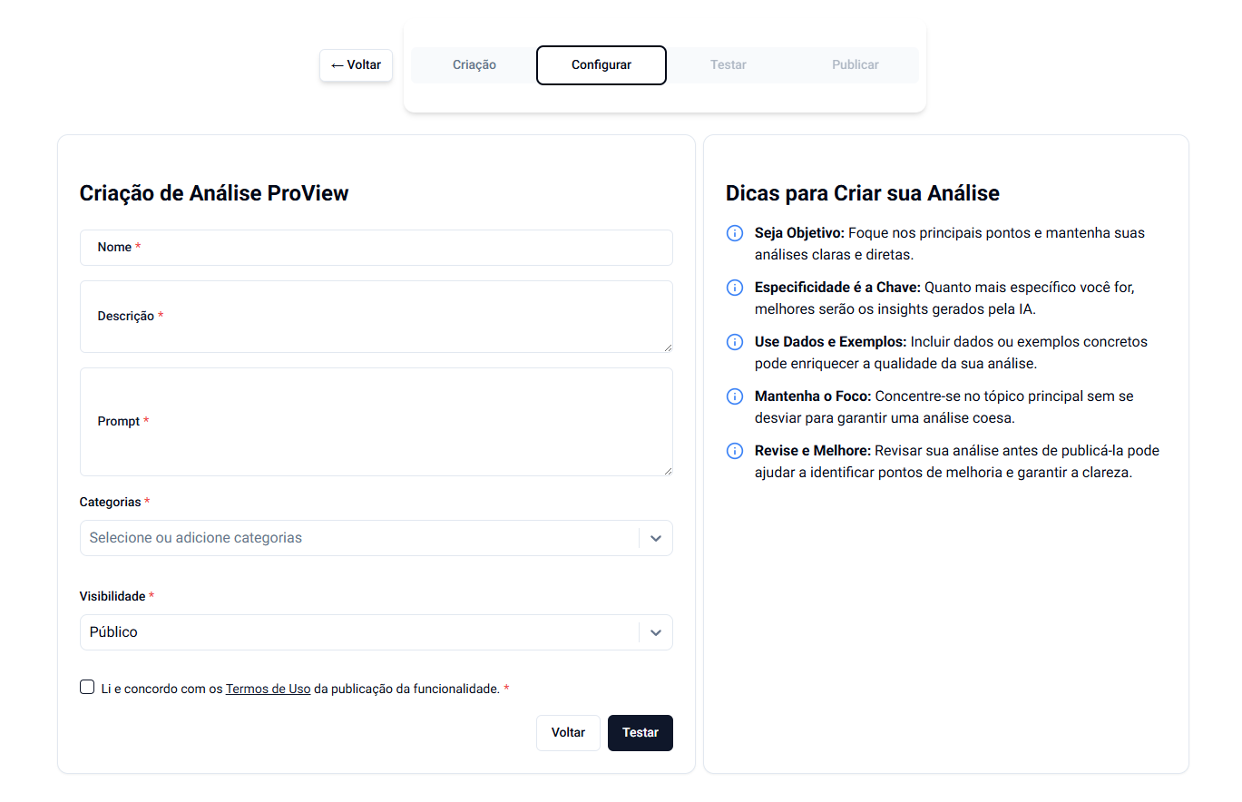 Passo Configurar, com nome, descrição, prompt, categorias e visibilidade