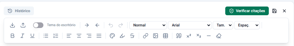 Barra do editor, com Histórico à esquerda e o botão Verificar citações à direita