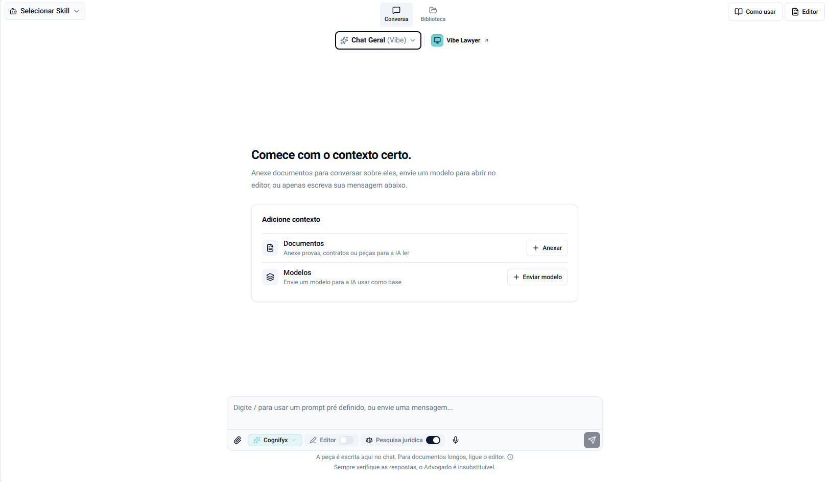 Modo Chat selecionado, com a explicação de que é uma conversa normal