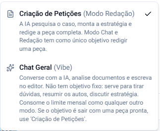 Menu de troca de modo, com Criação de Petições e Chat Geral