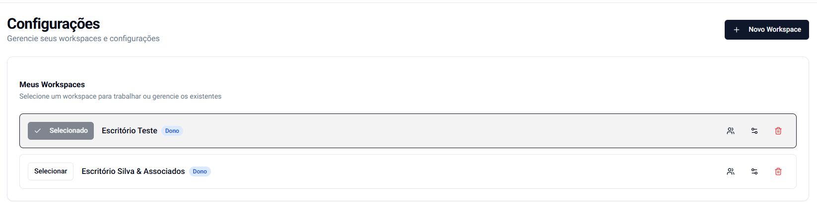 Tela de configurações com a lista de workspaces